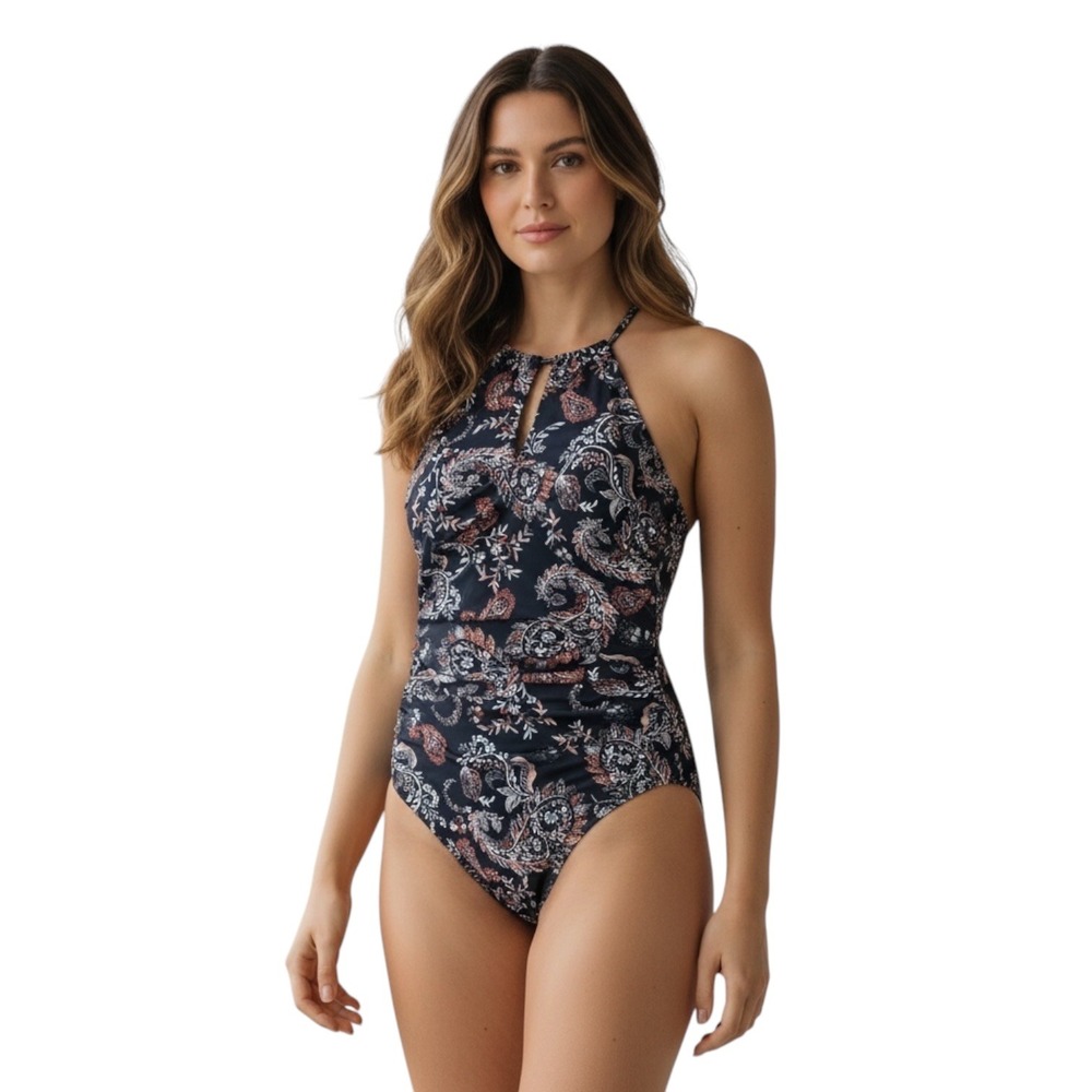 Garnet Hill Women‎ Black Paisley Floral Halter One Piece Swimsuit Size 16 Ruched